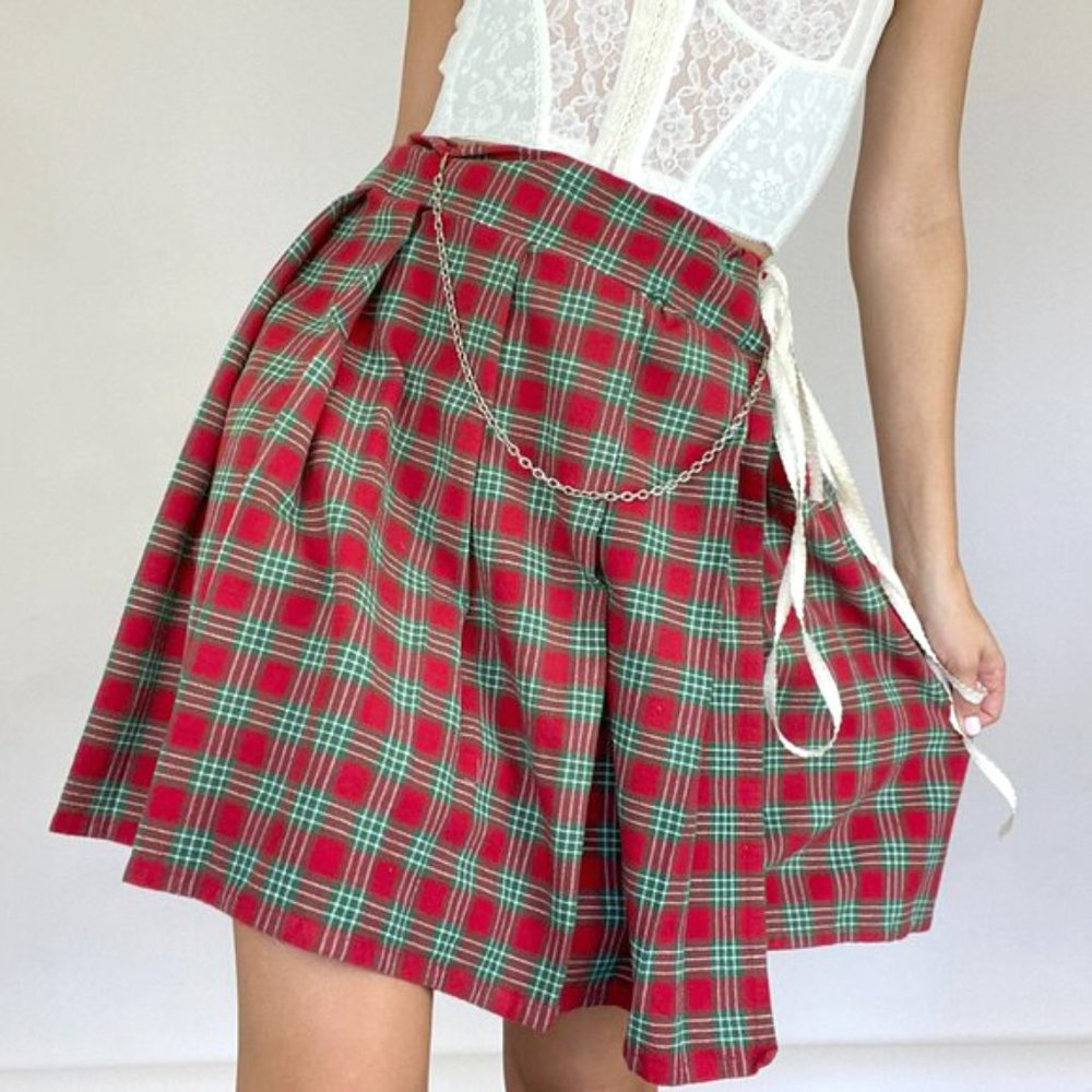 Vintage Red Tartan Plaid Pleated Wrap Skirt Schoolgirl Clueless